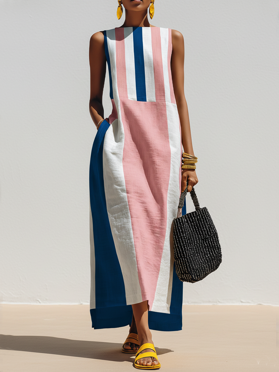 ECLAVA | Women’s Contrast-Print Cotton-Linen Maxi Dress