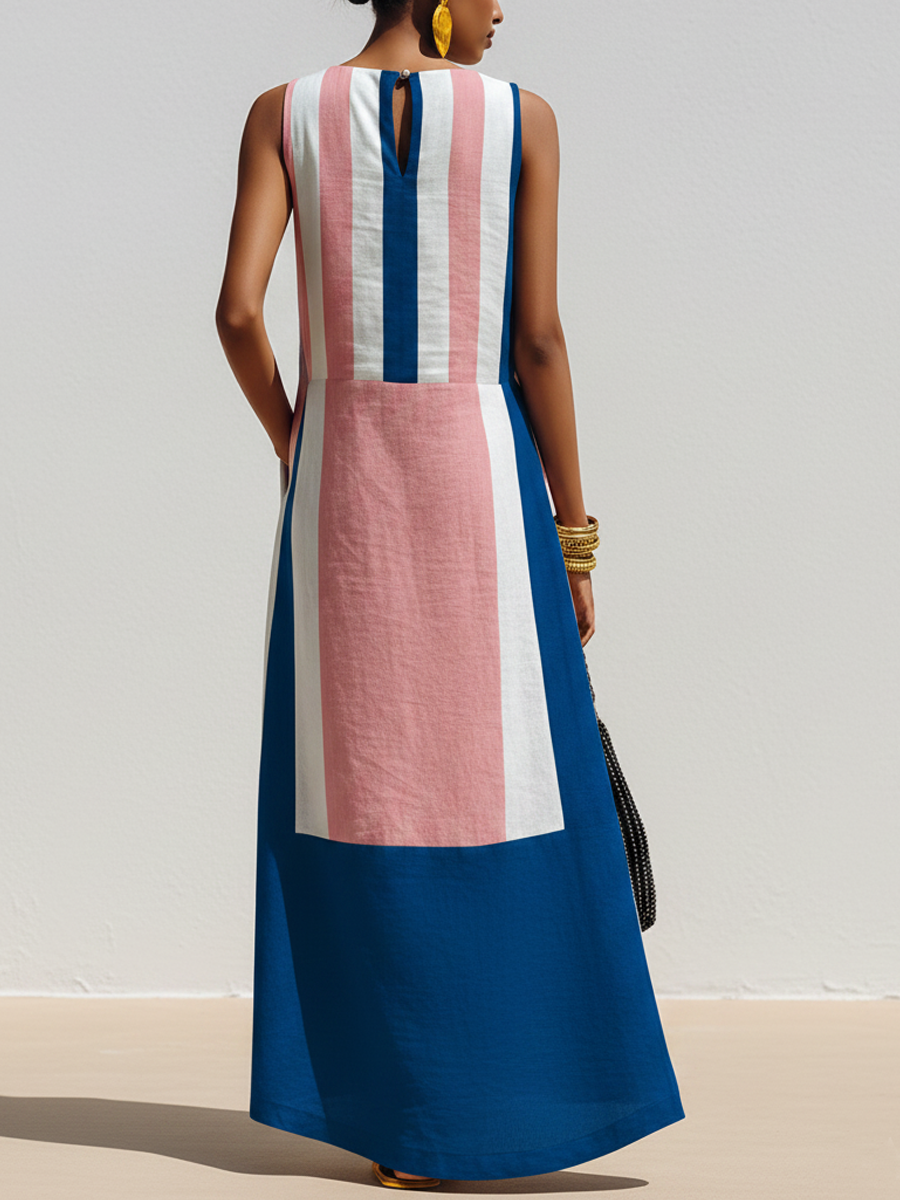 ECLAVA | Women’s Contrast-Print Cotton-Linen Maxi Dress