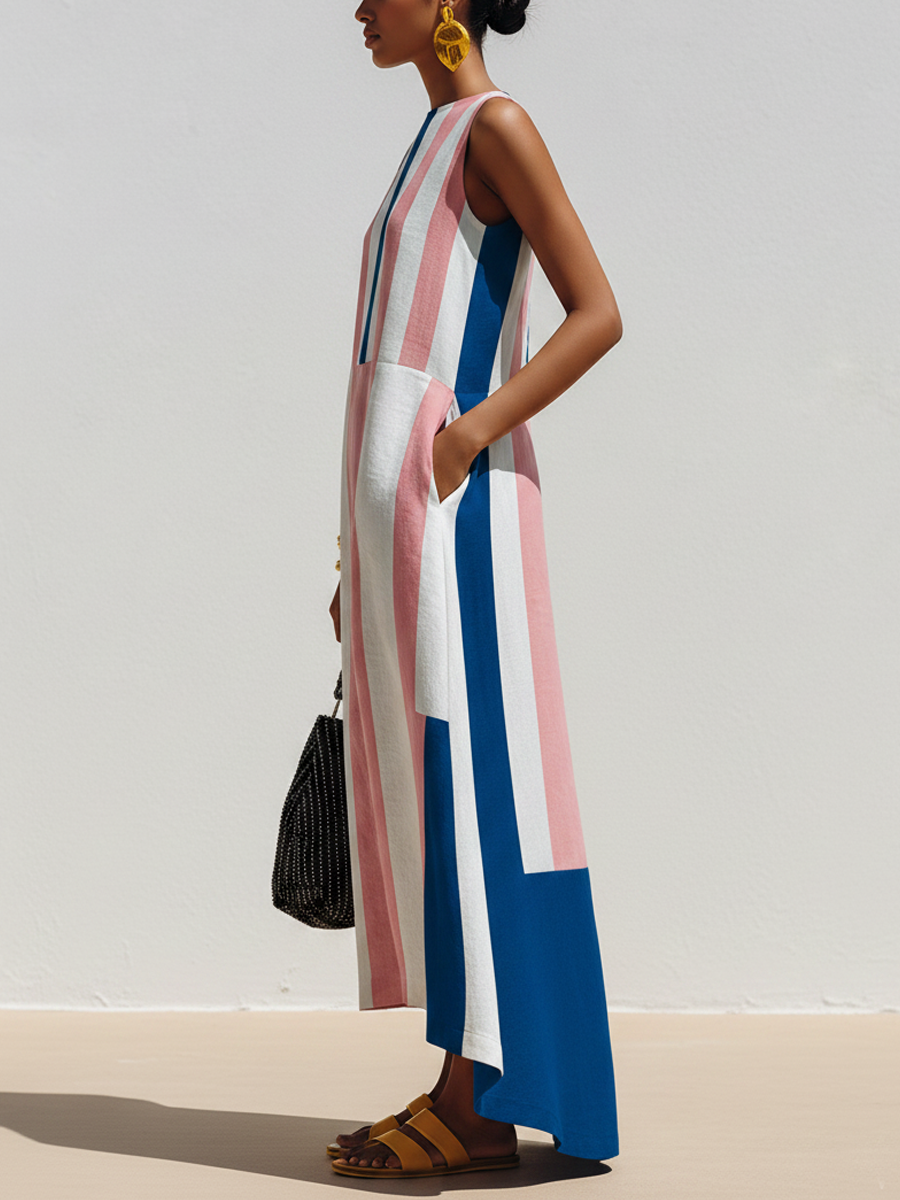 ECLAVA | Women’s Contrast-Print Cotton-Linen Maxi Dress