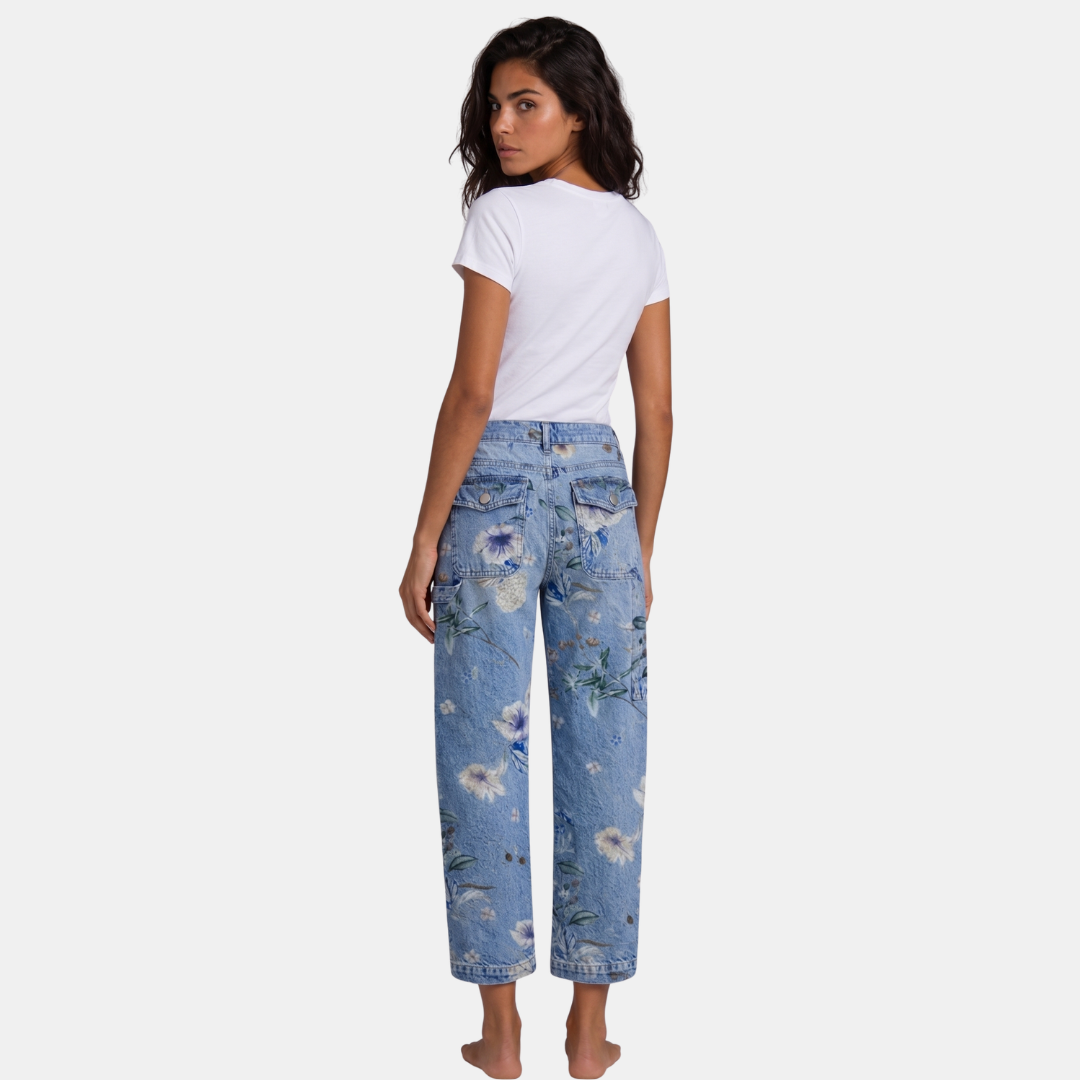 ECLAVA | Women’s Floral Barrel Leg Crop Jeans
