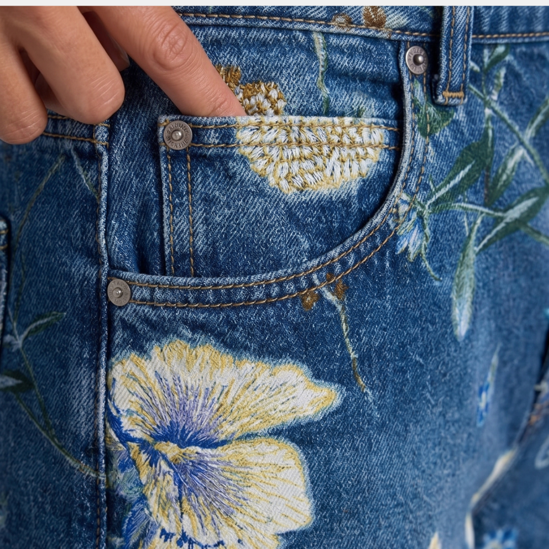 ECLAVA | Women’s Floral Barrel Leg Crop Jeans