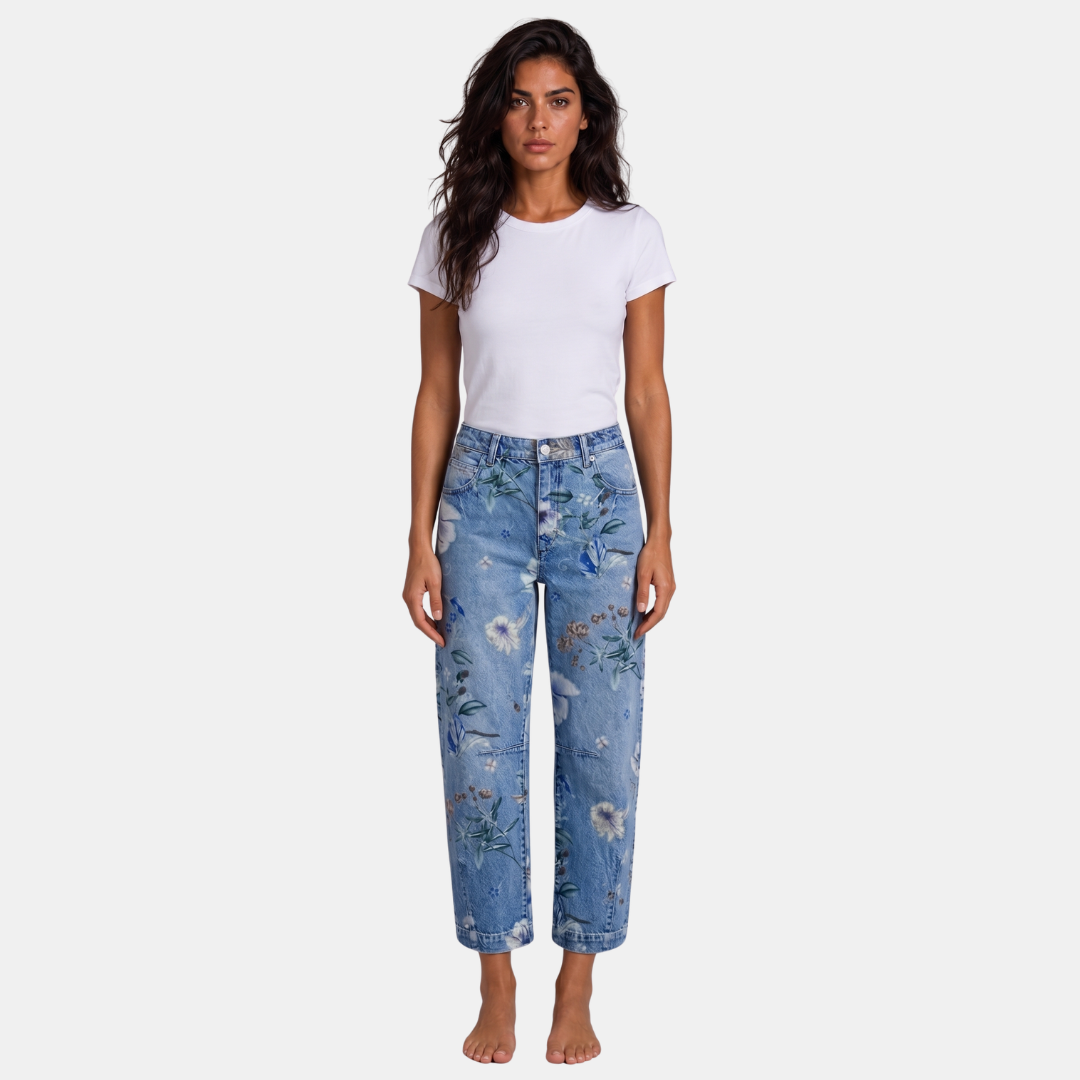 ECLAVA | Women’s Floral Barrel Leg Crop Jeans