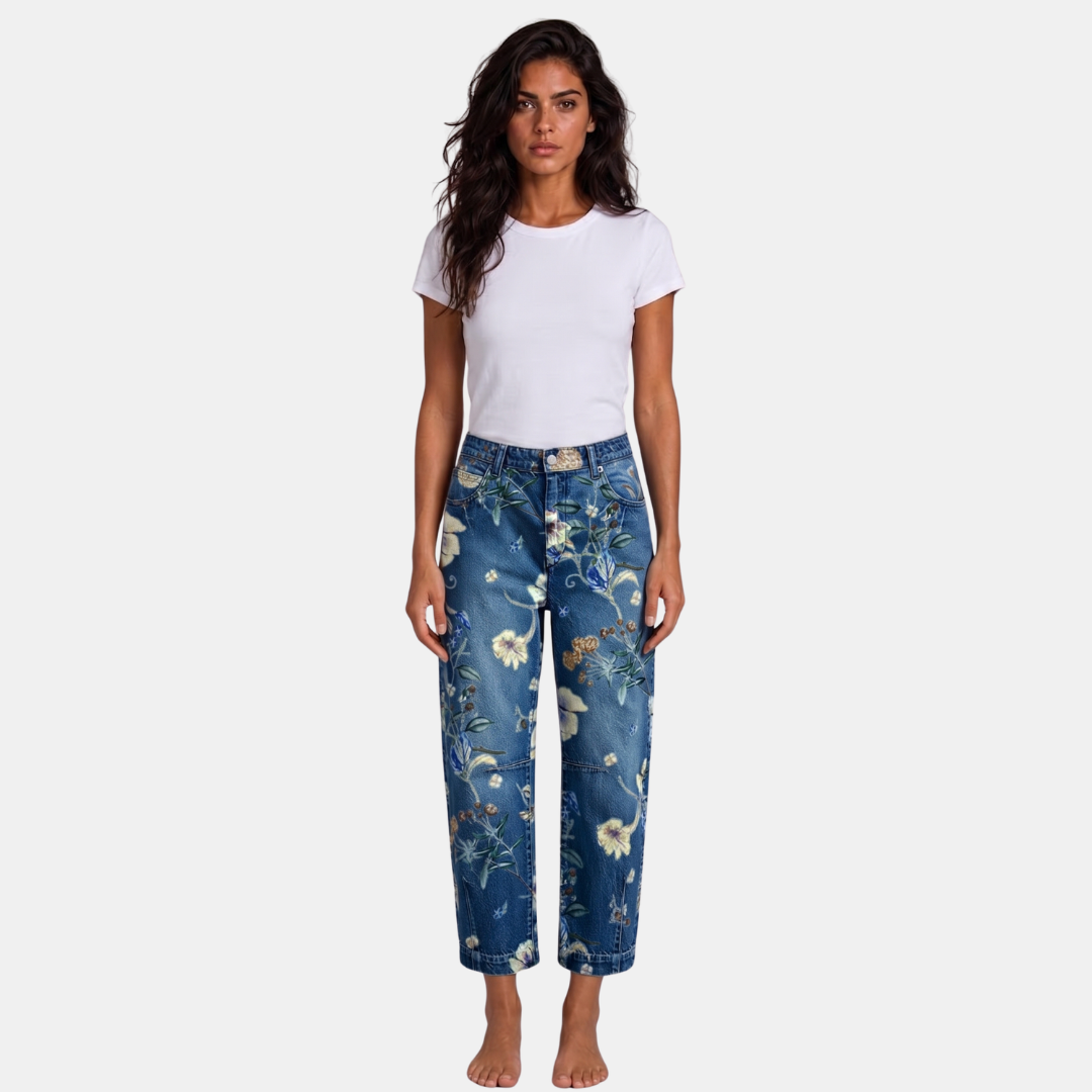 ECLAVA | Women’s Floral Barrel Leg Crop Jeans