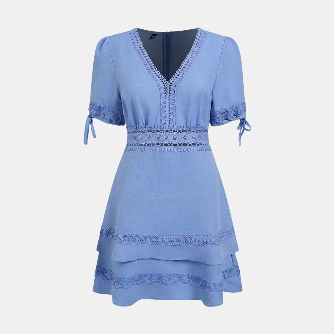 ECLAVA | Women’s Lace Trim Puff Sleeve Mini Dress