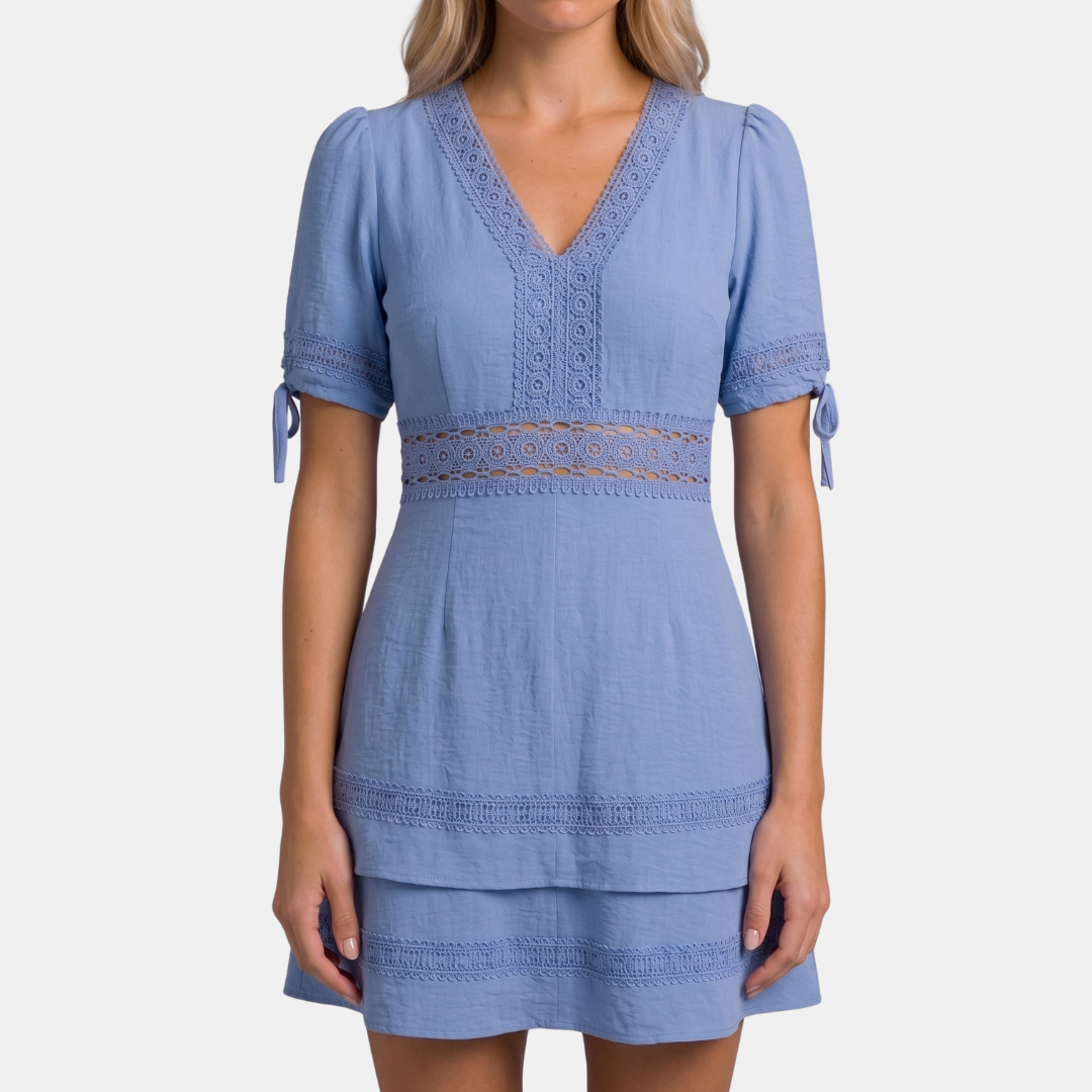 ECLAVA | Women’s Lace Trim Puff Sleeve Mini Dress