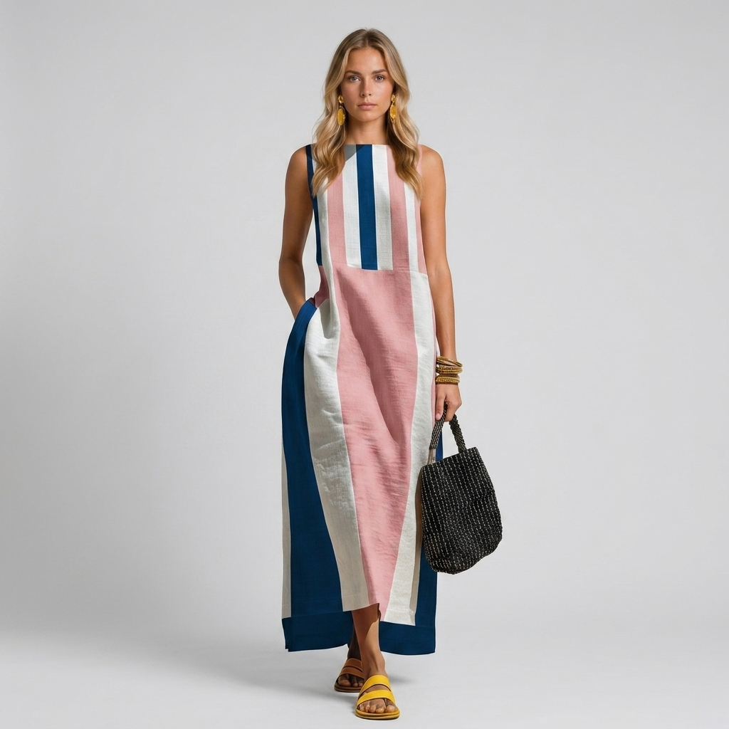 ECLAVA | Women’s Contrast-Print Cotton-Linen Maxi Dress
