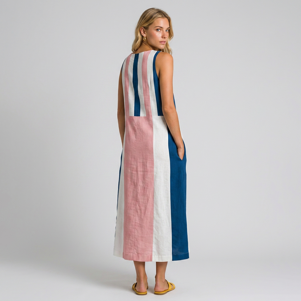 ECLAVA | Women’s Contrast-Print Cotton-Linen Maxi Dress