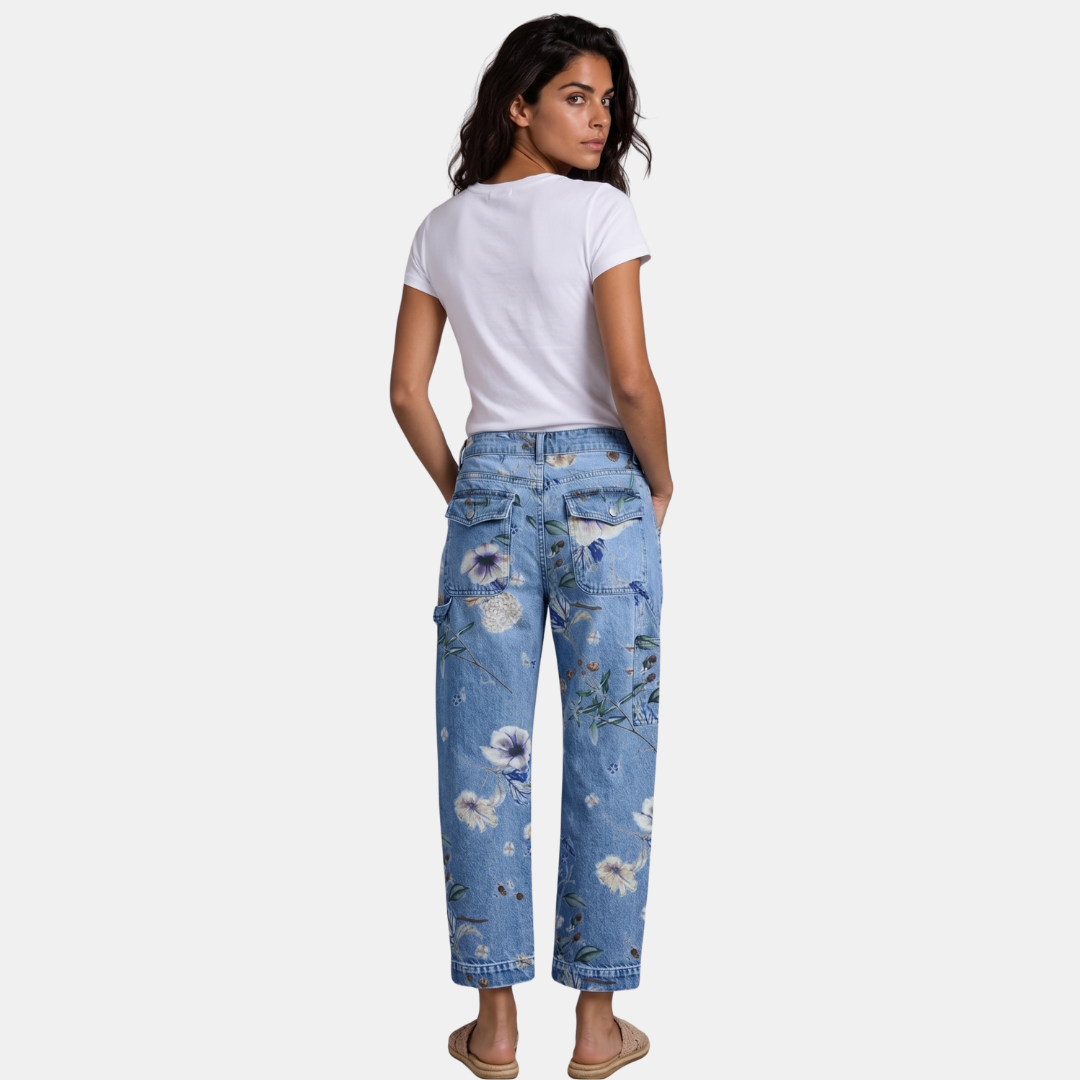ECLAVA | Women’s Floral Barrel Leg Crop Jeans