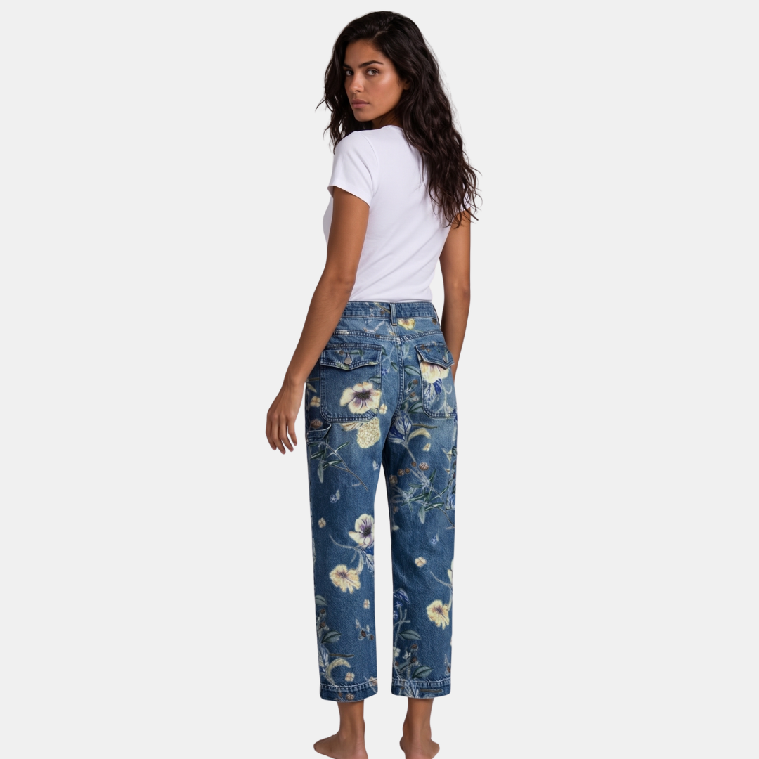 ECLAVA | Women’s Floral Barrel Leg Crop Jeans