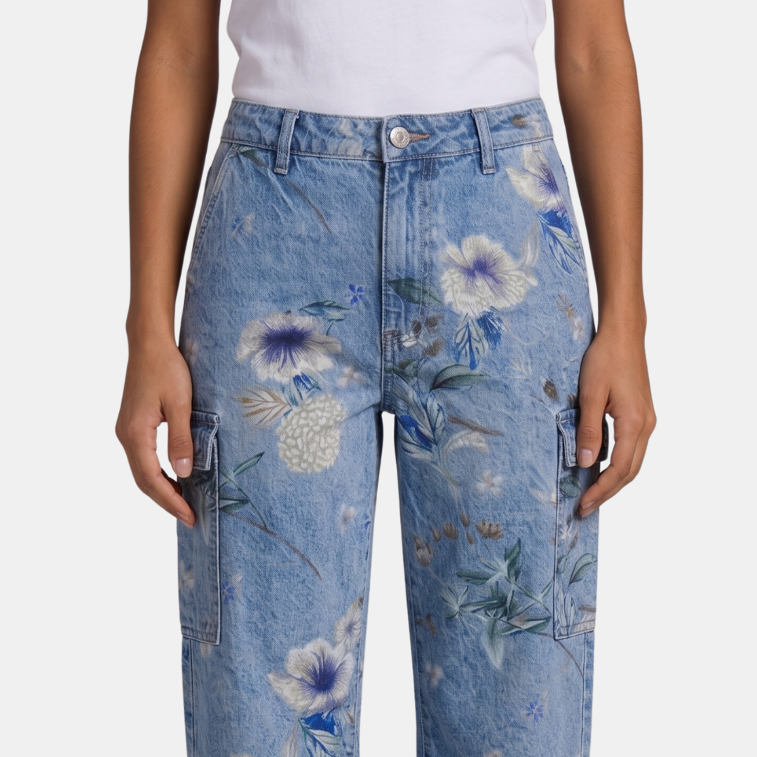 ECLAVA | Women’s Floral Barrel Leg Crop Jeans