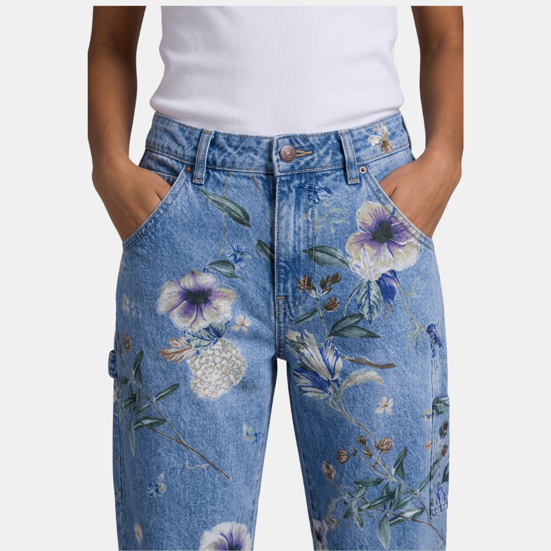 ECLAVA | Women’s Floral Barrel Leg Crop Jeans