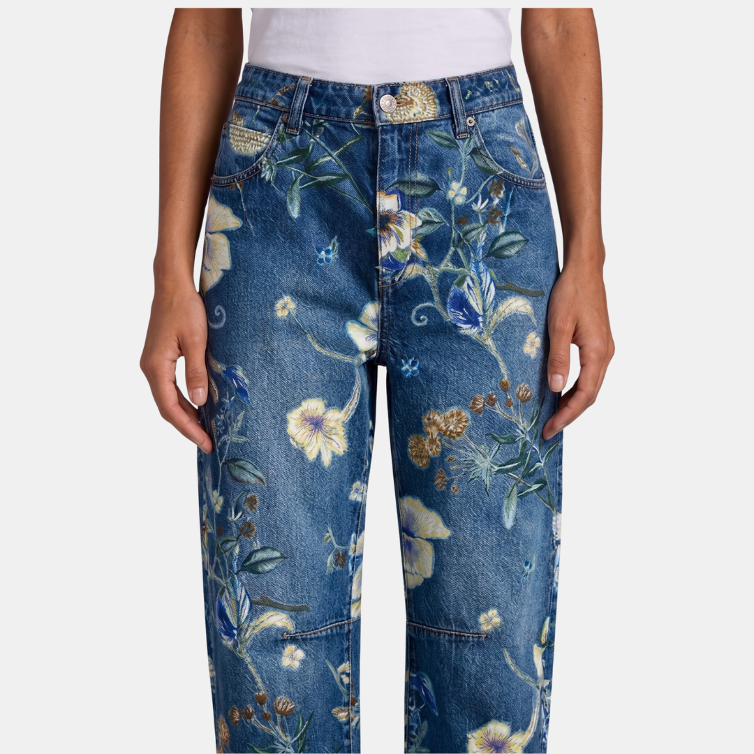 ECLAVA | Women’s Floral Barrel Leg Crop Jeans