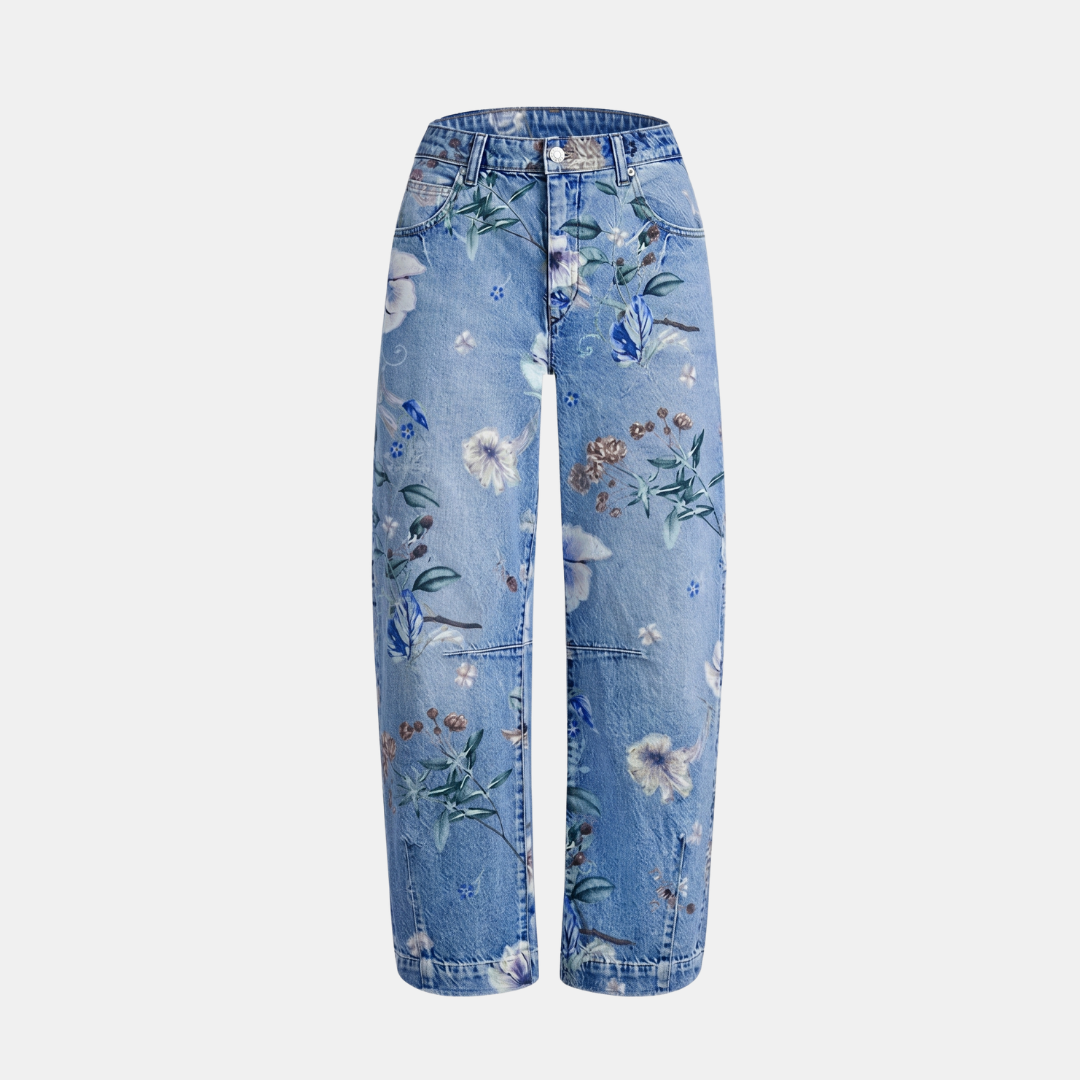 ECLAVA | Women’s Floral Barrel Leg Crop Jeans