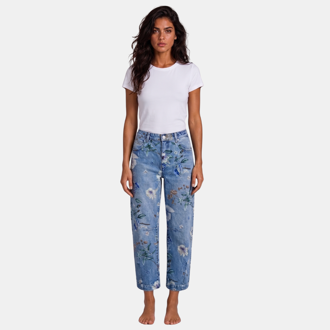 ECLAVA | Women’s Floral Barrel Leg Crop Jeans